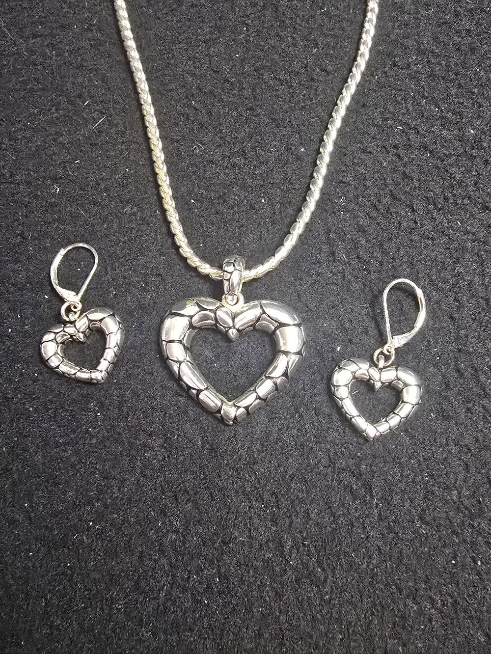 Vintage Silver Heart Pendant Necklace with Matching Heart Drop Earrings